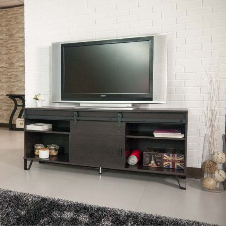 Meuble TV en placage d'érable avec porte coulissante industrielle - Meuble TV en placage d'érable avec porte coulissante industrielle